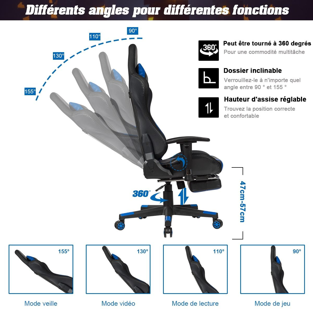 Chaise Gaming Fauteuil De Bureau Hauteur Ajustable Et Dossier Inclinable Repose Pieds Inclus Bleu/Rouge