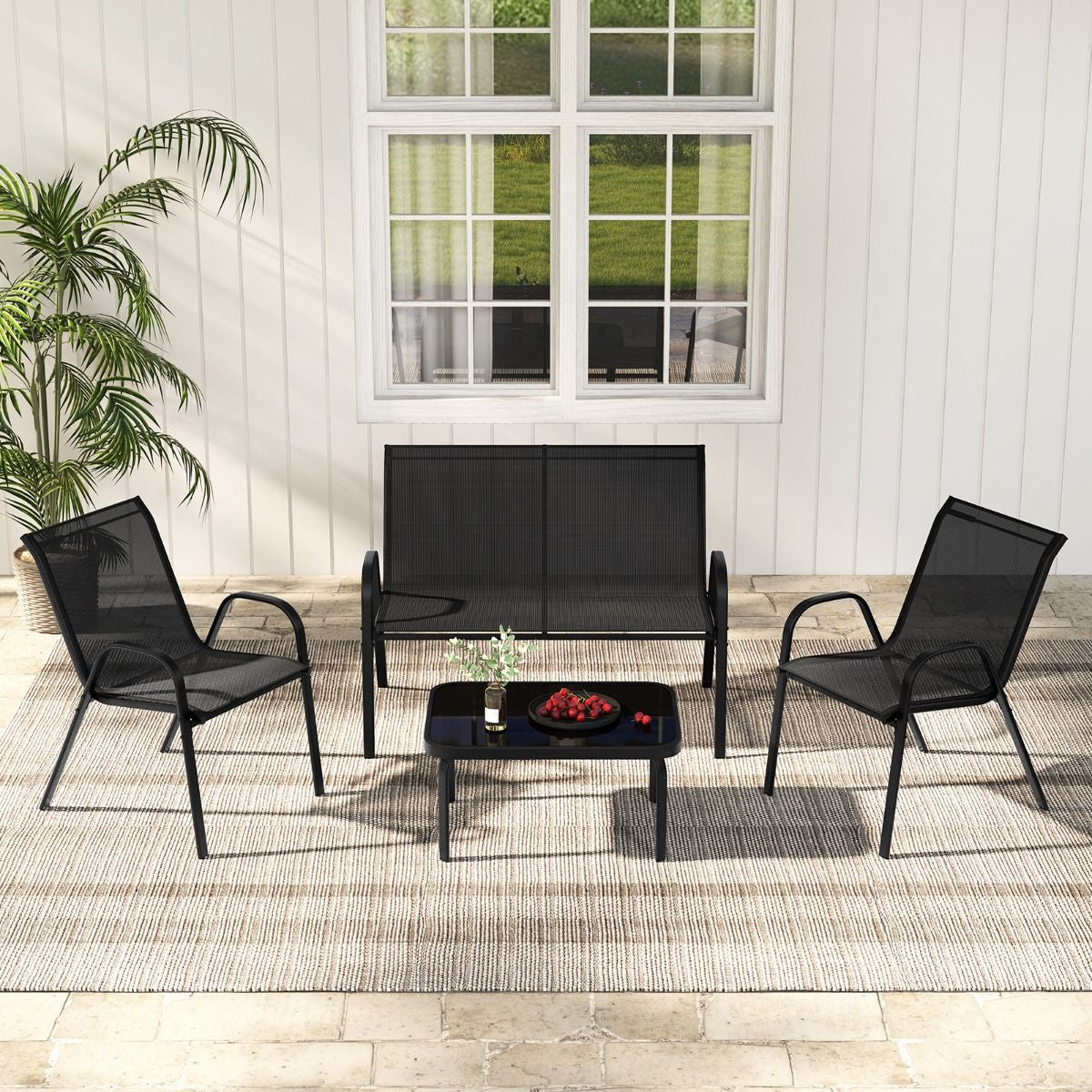 Ensemble Salon De Jardin 4 Pièces 2 Fauteuils 1 Canapé 1 Table Basse En Verre Pour Terrasse Piscine Patio Balcon Gris