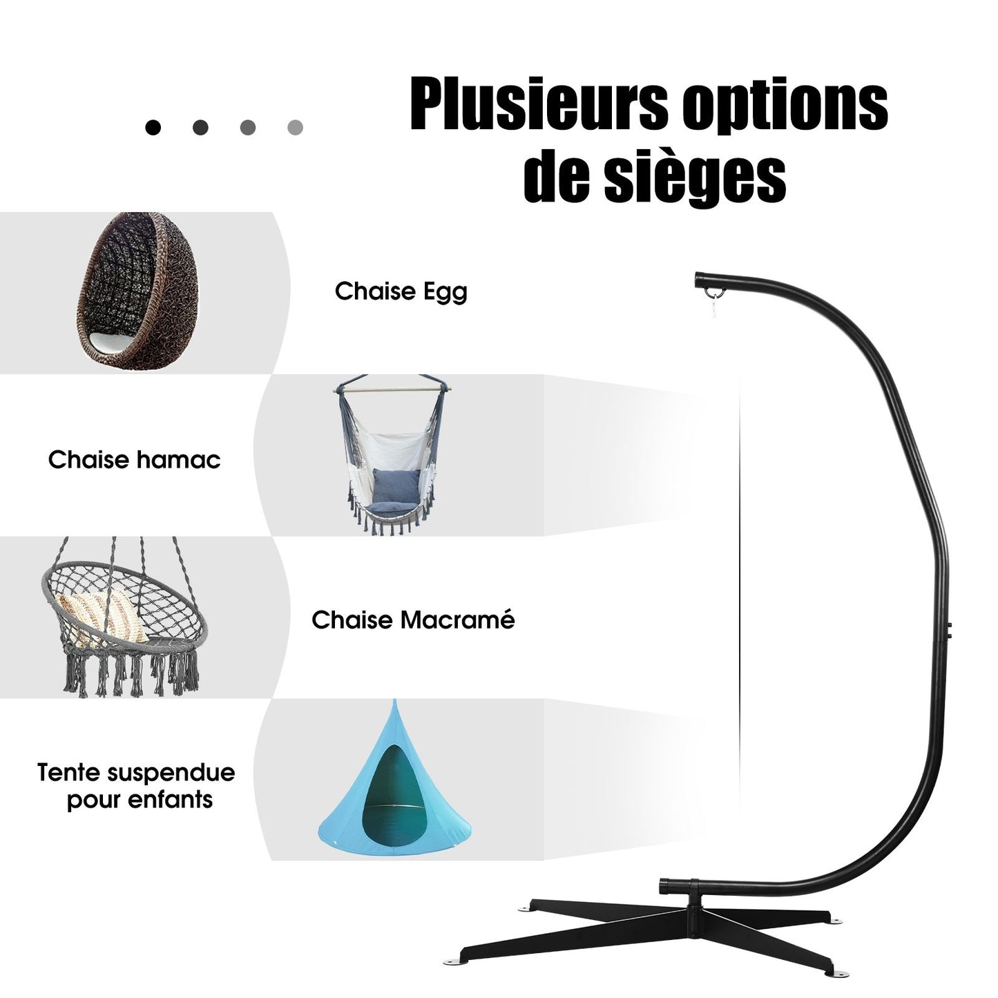 Support Fauteuil Suspendu De Jardin Charge Max 150 KG Hauteur 207 CM En Acier Base En Croix Forme De C Intérieur/Extérieur