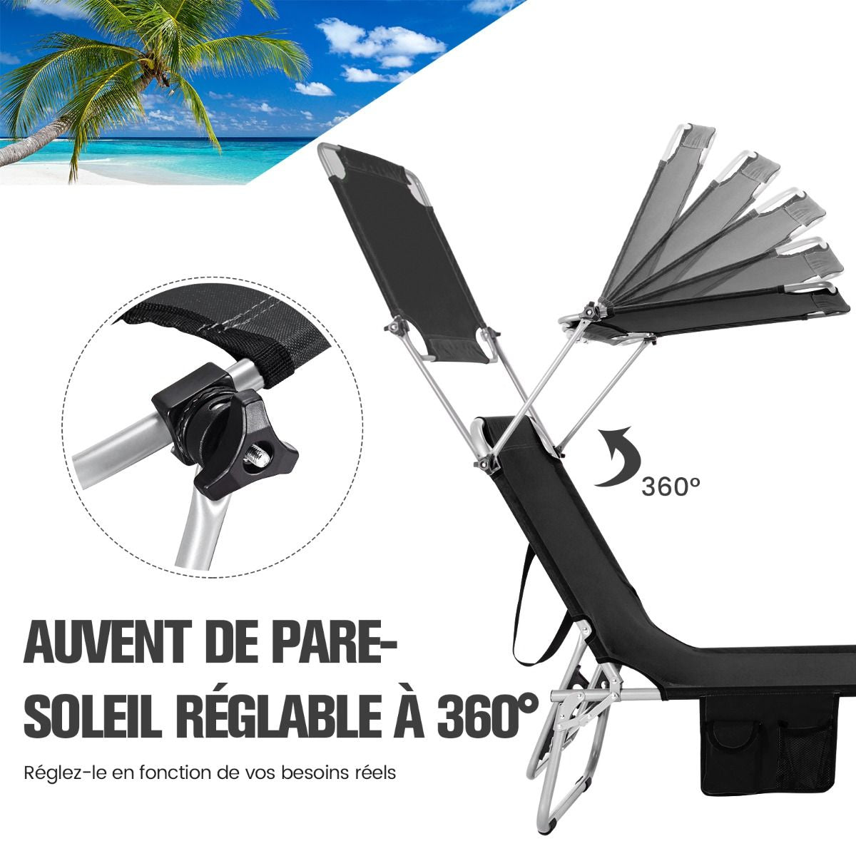 Chaise Longue Pliante Inclinable Avec Auvent Rotatif À 360° Charge 150KG Bain De Soleil Réglable À 5 Positions Métal Antirouille Noir/Bleu/Beige