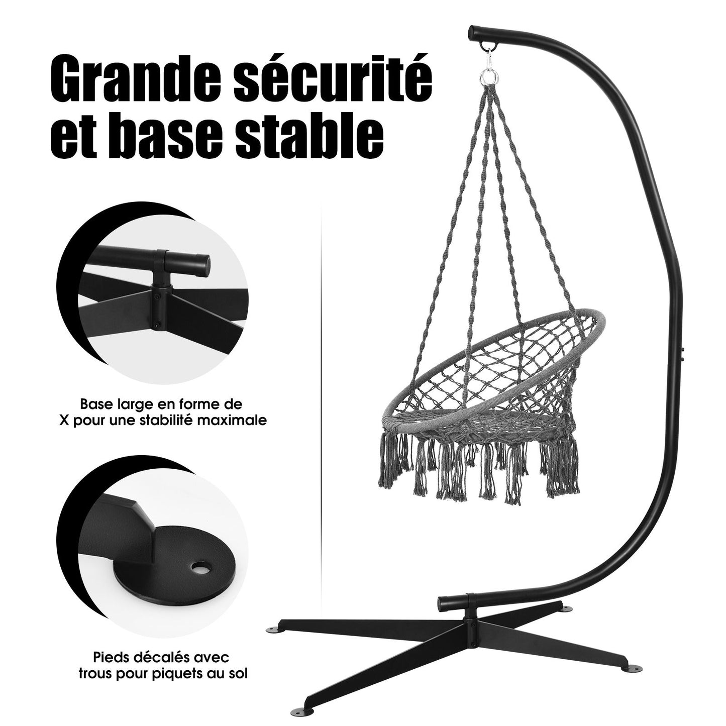 Support Fauteuil Suspendu De Jardin Charge Max 150 KG Hauteur 207 CM En Acier Base En Croix Forme De C Intérieur/Extérieur
