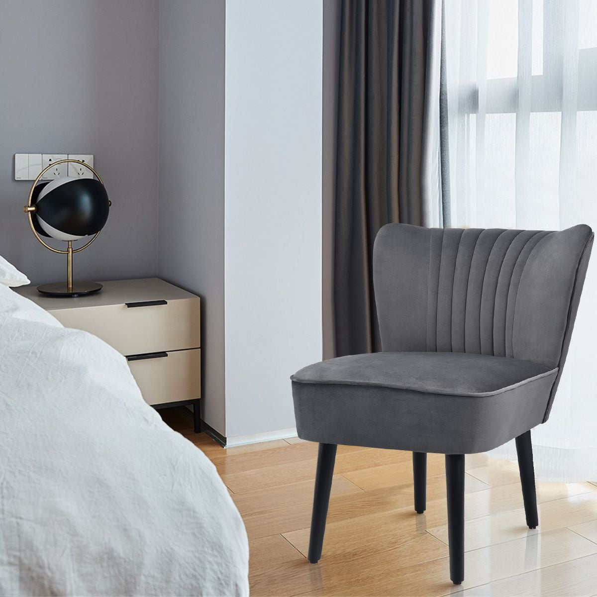 Lot De 2 Chaises D'Appoint En Velours Moderne Pieds En Bois De Caoutchouc Repose-Pieds Antidérapants Dossier Ergonomique Siège Rembourré Gris