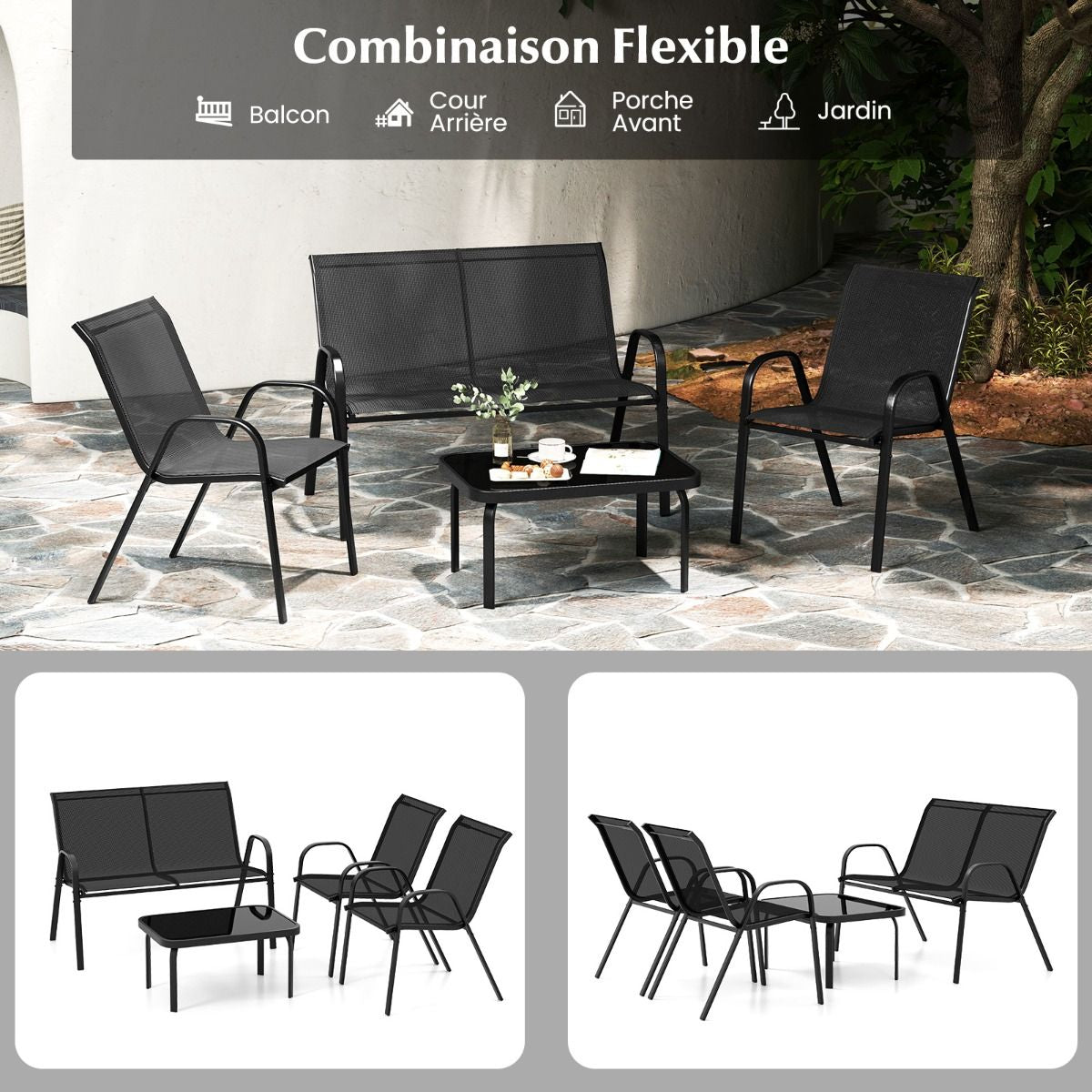 Ensemble Salon De Jardin 4 Pièces 2 Fauteuils 1 Canapé 1 Table Basse En Verre Pour Terrasse Piscine Patio Balcon Gris