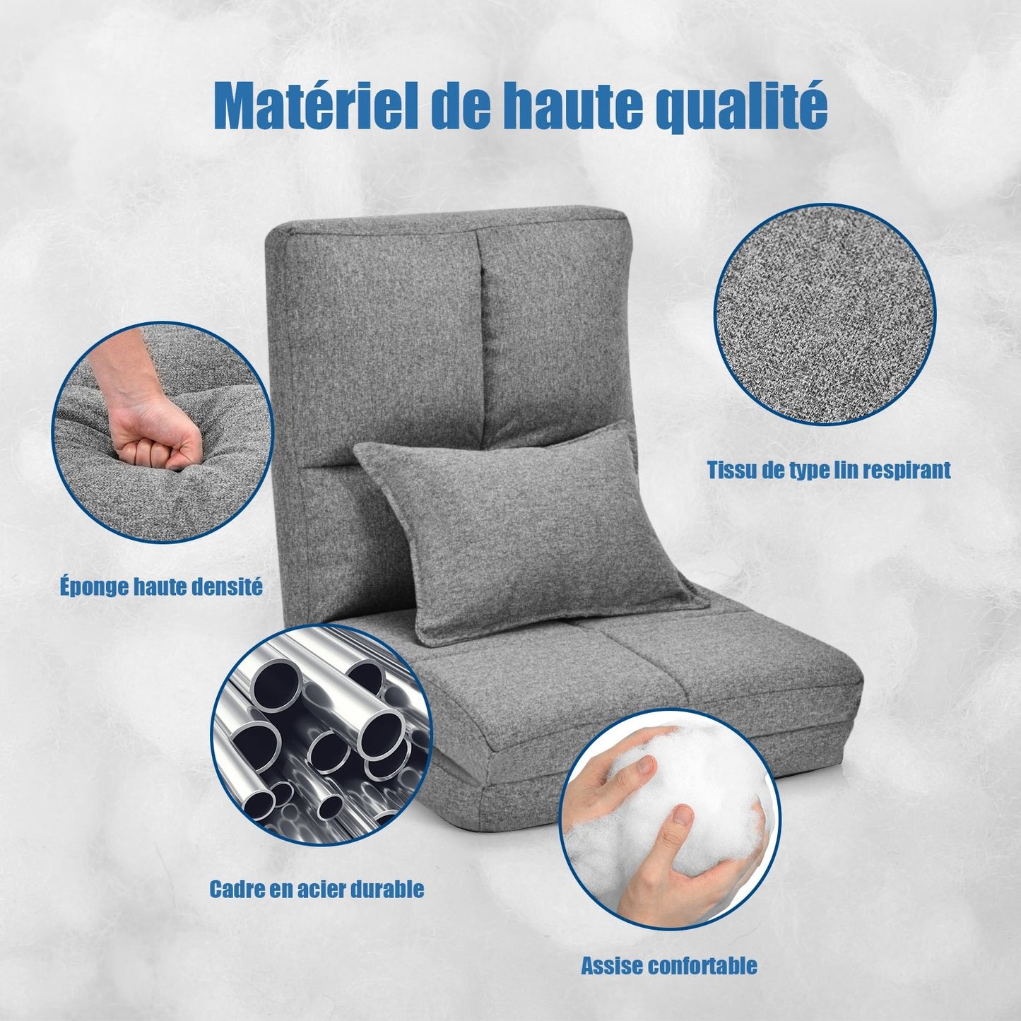 Chaise Paresseux Sur Plancher Pliable Avec Dossier À 5 Positions Réglables Gris