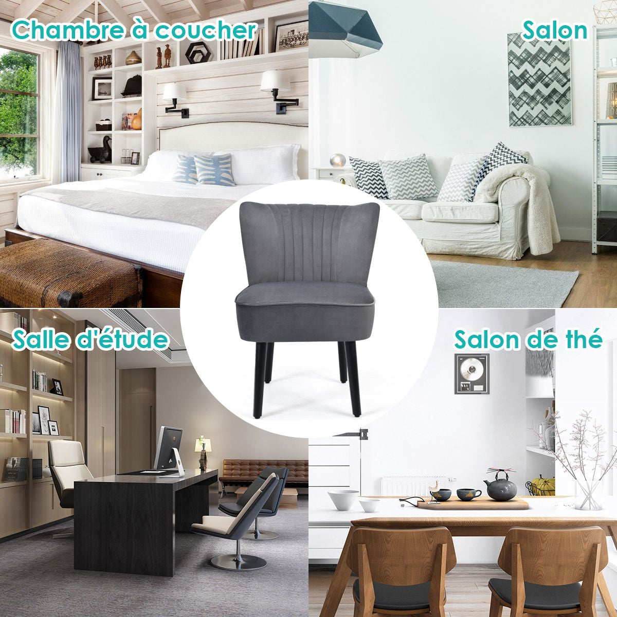 Lot De 2 Chaises D'Appoint En Velours Moderne Pieds En Bois De Caoutchouc Repose-Pieds Antidérapants Dossier Ergonomique Siège Rembourré Gris