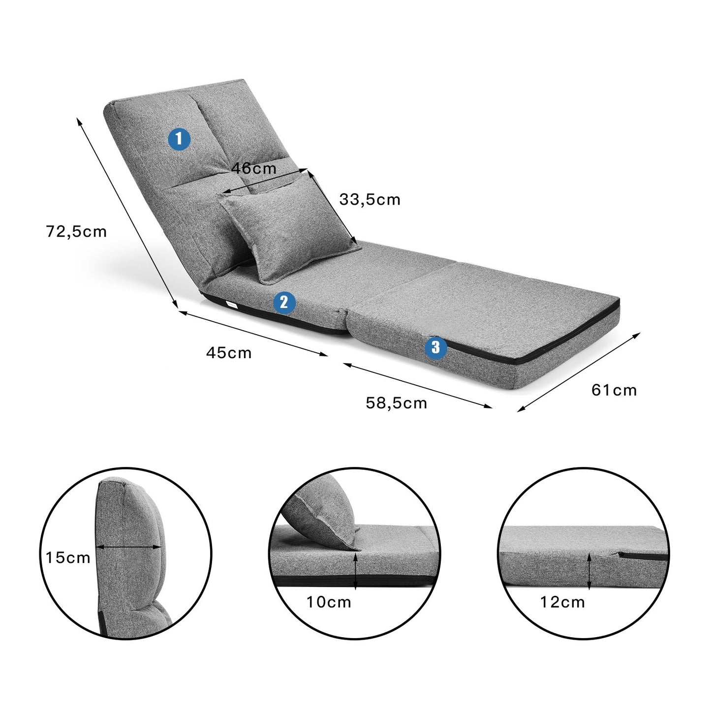 Chaise Paresseux Sur Plancher Pliable Avec Dossier À 5 Positions Réglables Gris