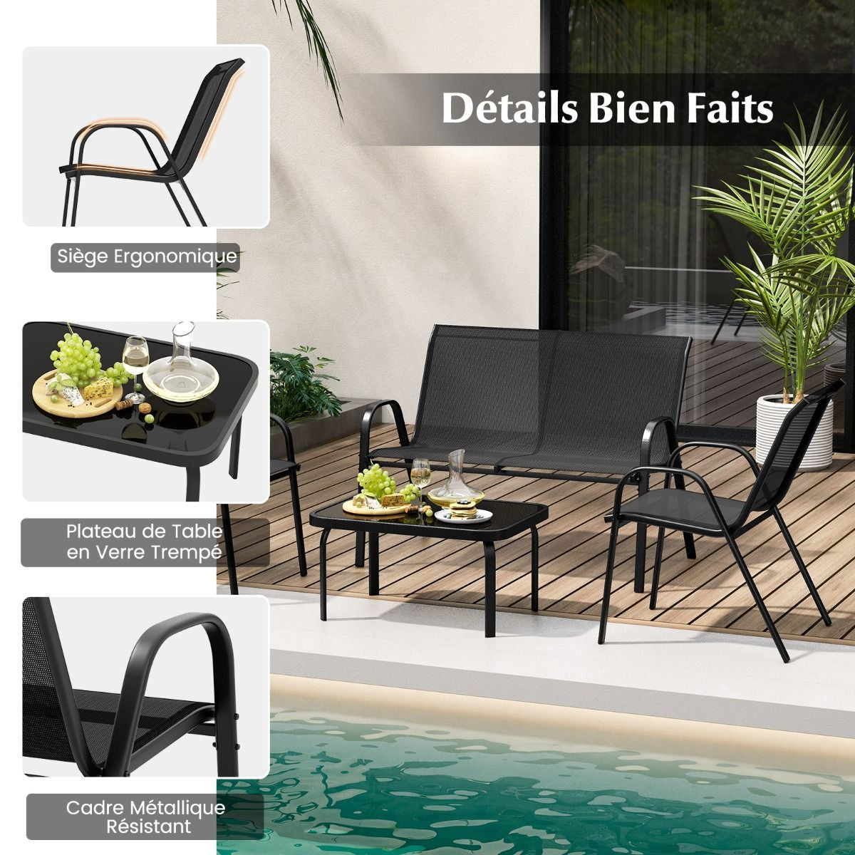 Ensemble Salon De Jardin 4 Pièces 2 Fauteuils 1 Canapé 1 Table Basse En Verre Pour Terrasse Piscine Patio Balcon Gris