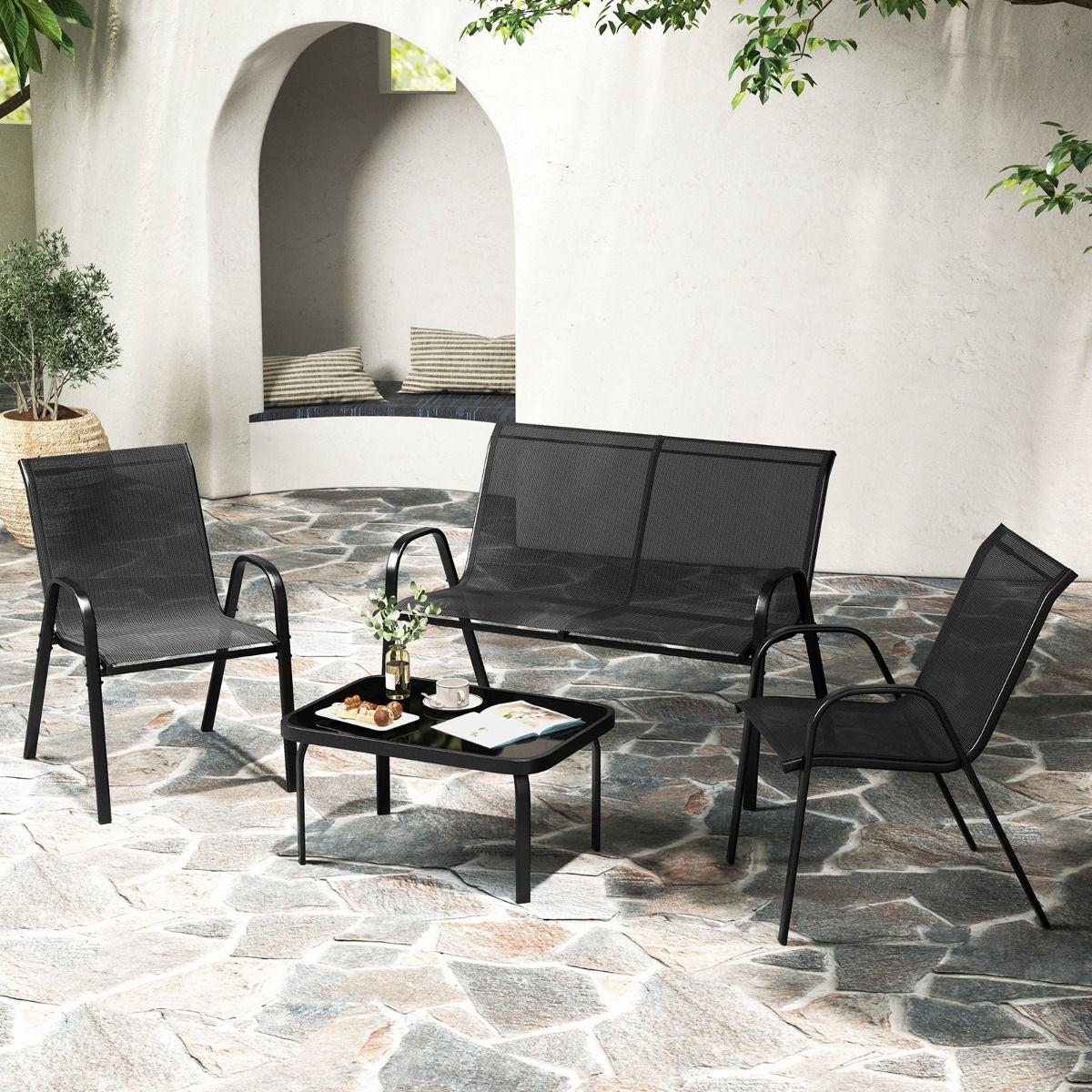 Ensemble Salon De Jardin 4 Pièces 2 Fauteuils 1 Canapé 1 Table Basse En Verre Pour Terrasse Piscine Patio Balcon Gris