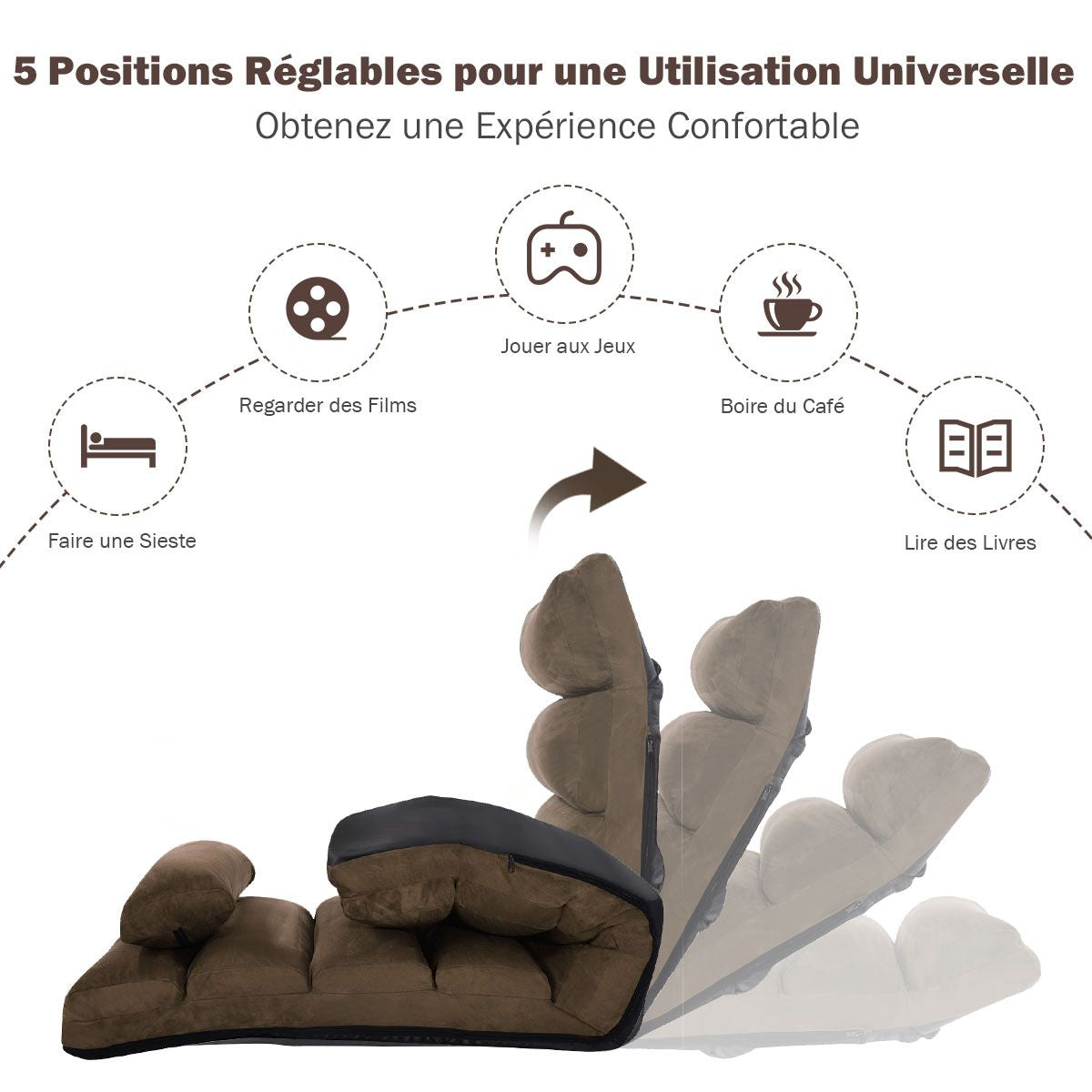 Fauteuil Relax Pliable Réglable Sur 5 Positions En Faux Daim Chaise De Sol Pour Salon Mobilier De Bureau Chambre Beige/Gris/Marron/Rouge