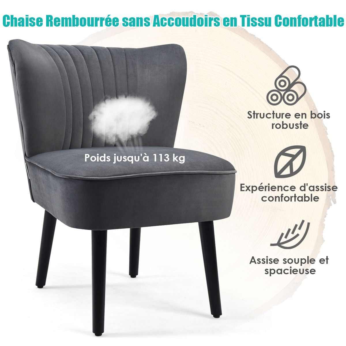 Lot De 2 Chaises D'Appoint En Velours Moderne Pieds En Bois De Caoutchouc Repose-Pieds Antidérapants Dossier Ergonomique Siège Rembourré Gris