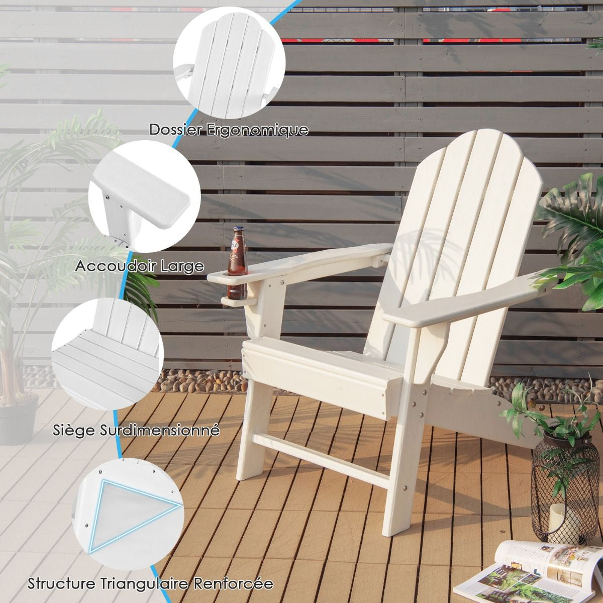Chaise De Jardin Adirondack En Bois Polyéthylène Avec Porte-Gobelet Inclinaison 103° Résistante Aux Intempéries Pour Porche