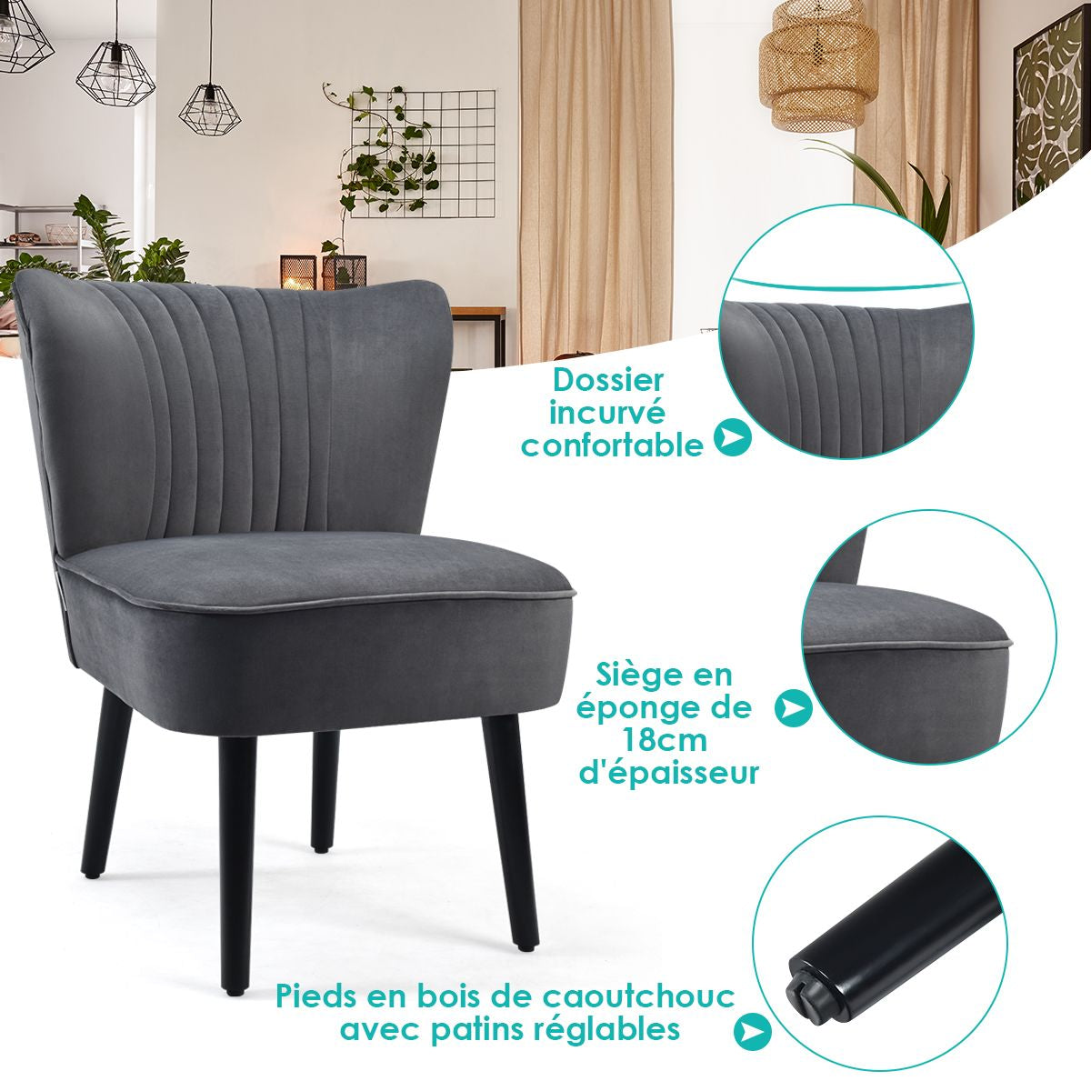 Lot De 2 Chaises D'Appoint En Velours Moderne Pieds En Bois De Caoutchouc Repose-Pieds Antidérapants Dossier Ergonomique Siège Rembourré Gris
