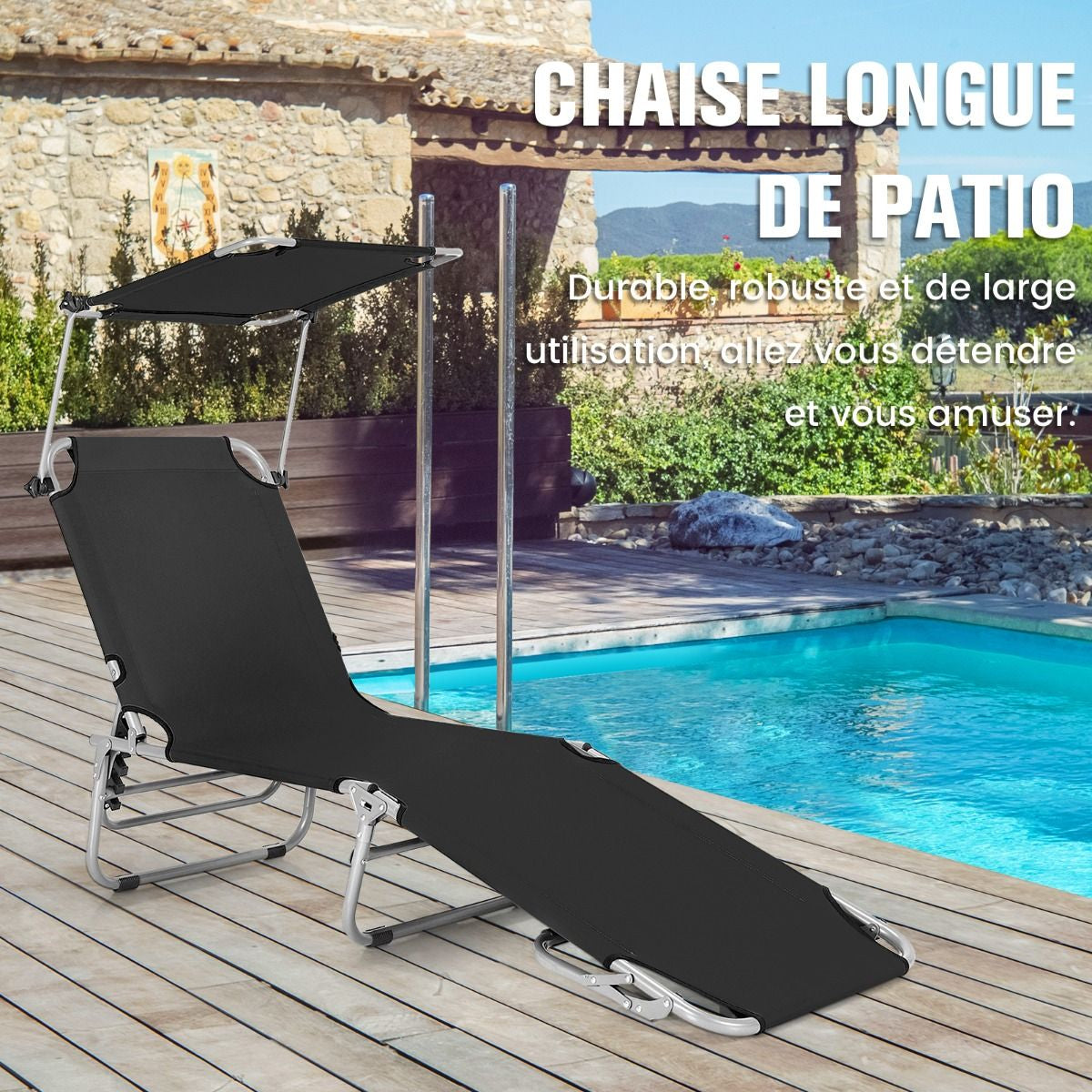 Chaise Longue Pliante Inclinable Avec Auvent Rotatif À 360° Charge 150KG Bain De Soleil Réglable À 5 Positions Métal Antirouille Noir/Bleu/Beige