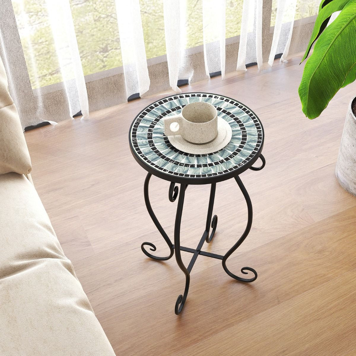 Table D'Appoint Ronde De Jardin Avec Plateau Mosaïque En Carreaux De Céramique Table Basse D'Extérieur Pour Balcon Piscine Noir