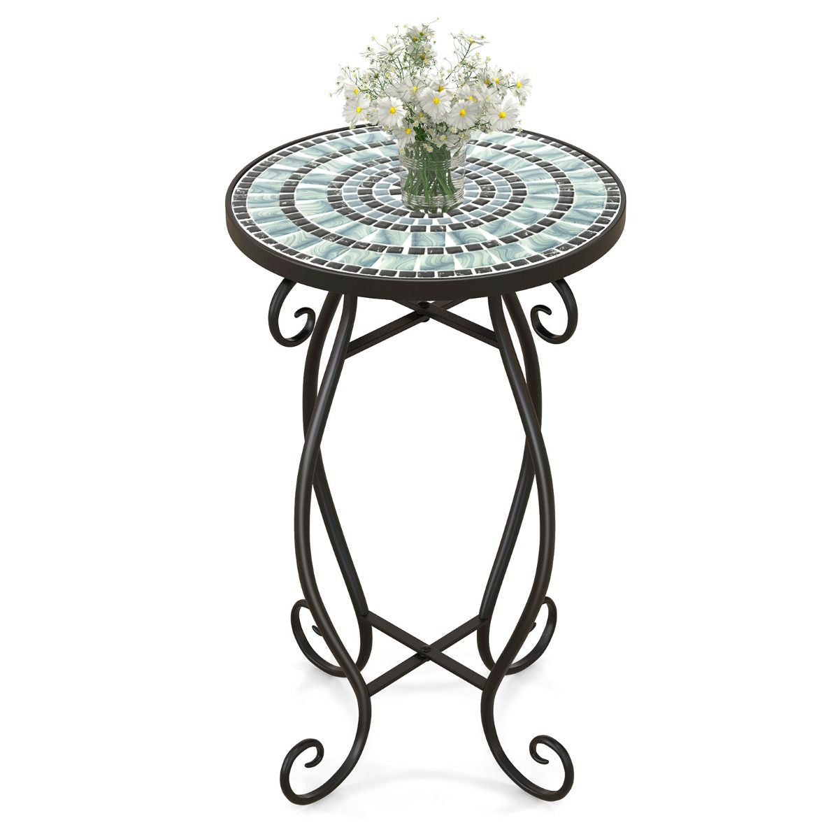 Table D'Appoint Ronde De Jardin Avec Plateau Mosaïque En Carreaux De Céramique Table Basse D'Extérieur Pour Balcon Piscine Noir