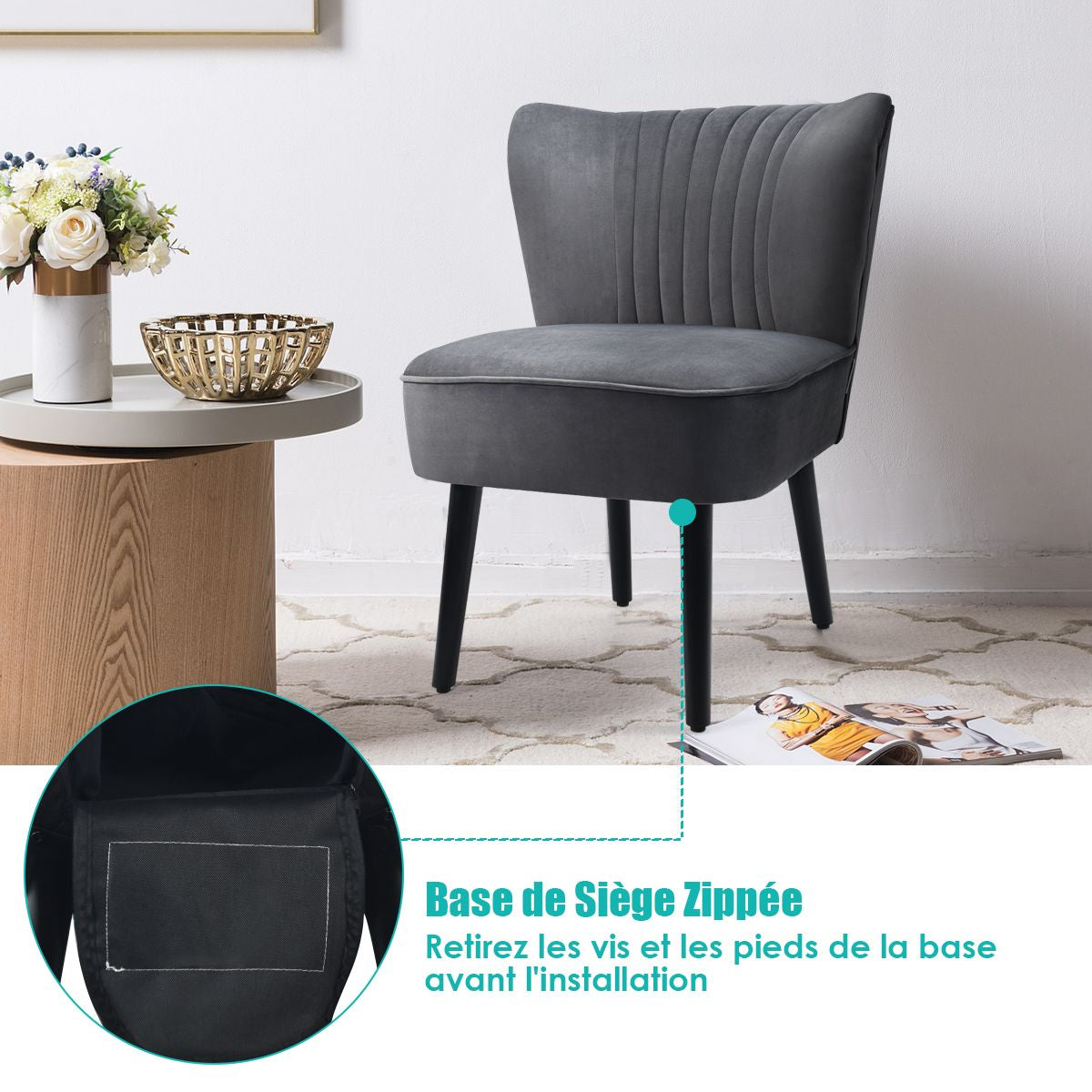 Lot De 2 Chaises D'Appoint En Velours Moderne Pieds En Bois De Caoutchouc Repose-Pieds Antidérapants Dossier Ergonomique Siège Rembourré Gris