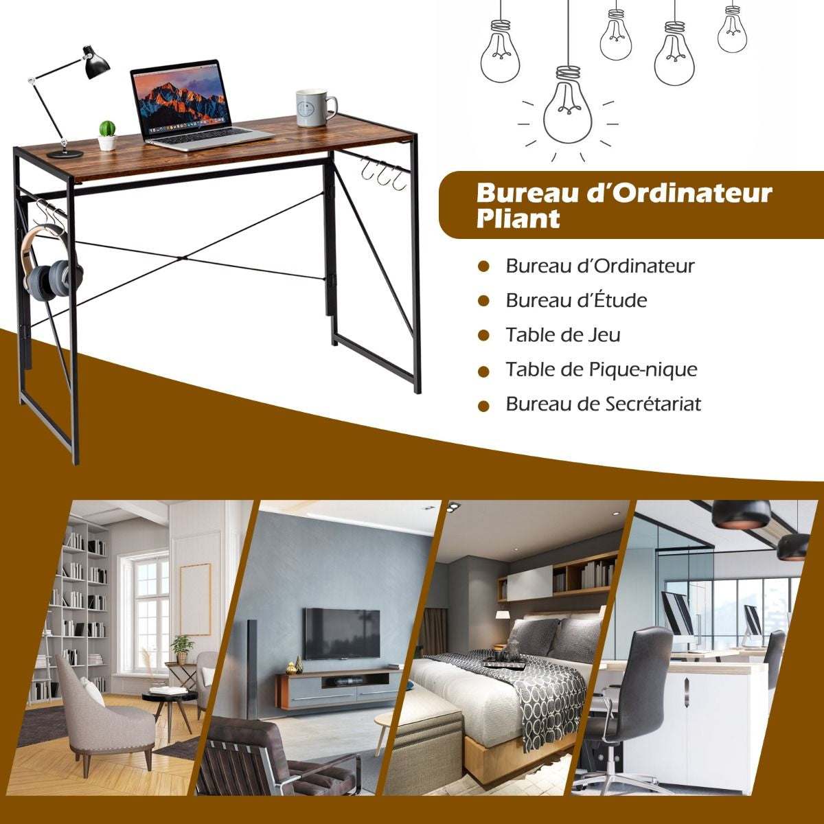 Bureau D'Ordinateur Pliant 100X50X75 Cm Table De Bureau Cadre En Métal 6 Crochets En Forme De S Style Industriel Capacité 115Kg Café
