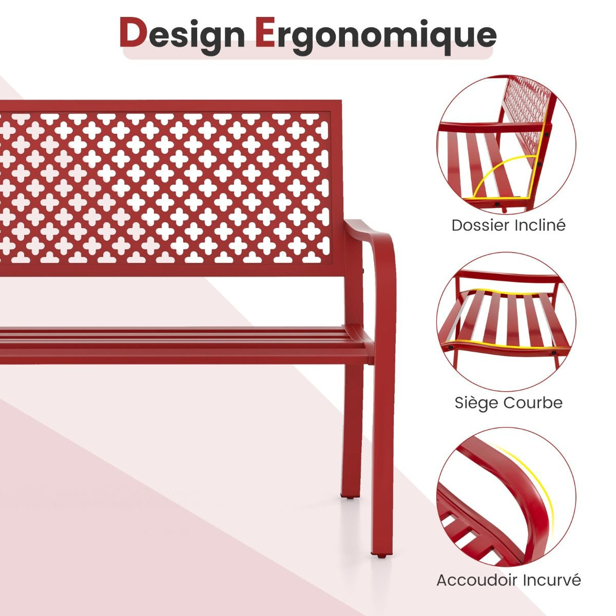 Banc De Jardin Chaise De Patio En Métal Pour 2 Personnes Avec Dossier Ajouré & Siège À Lattes Banc Moderne De 127 Cm De Long Noir/Rouge