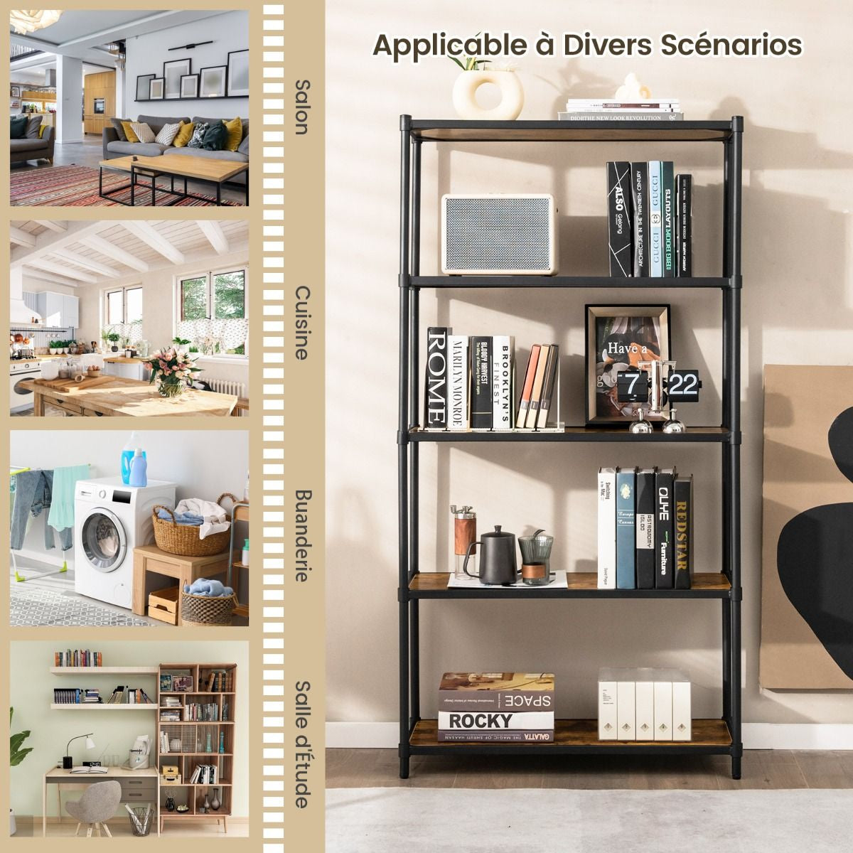 Bibliothèque Style Industriel À 5 Niveaux 80X29X154Cm Étagère De Rangement Avec Dispositifs Anti-Basculement Pieds Réglables Noir