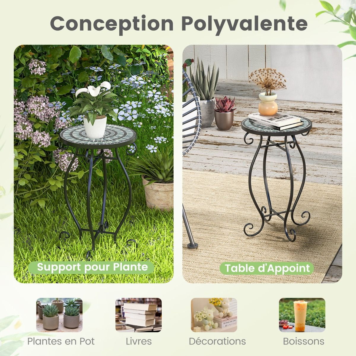 Table D'Appoint Ronde De Jardin Avec Plateau Mosaïque En Carreaux De Céramique Table Basse D'Extérieur Pour Balcon Piscine Noir