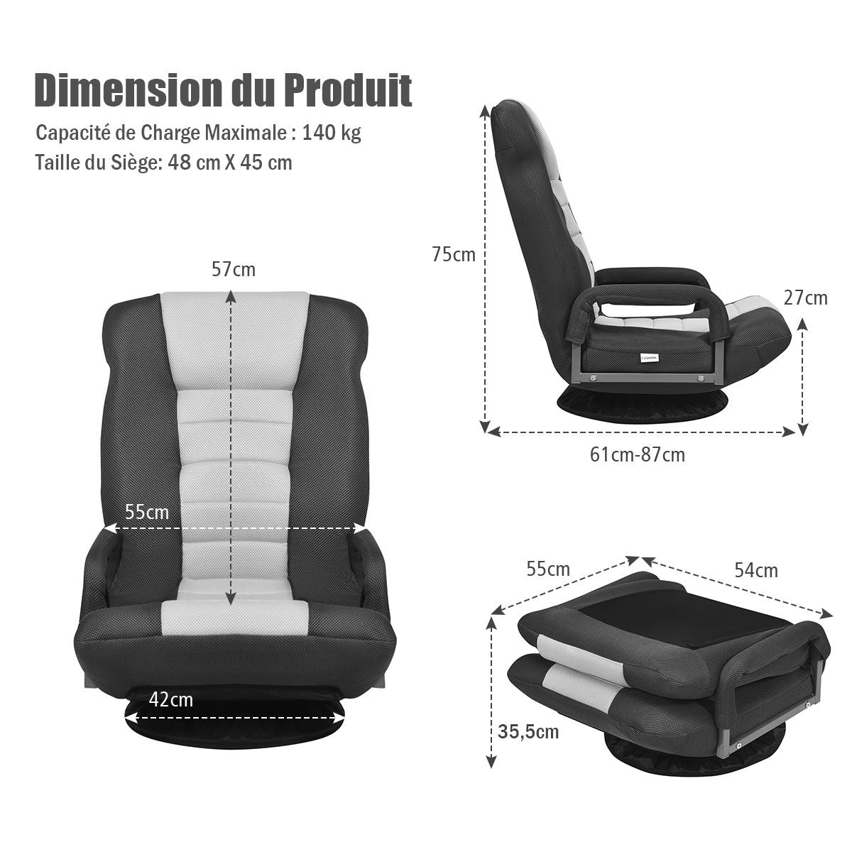 Fauteuil Pliable De Sol Dossier Réglable Sur 6 Positions Et Base Pivotante À 360° Cadre En Fer Robuste 6 Couleurs Au Choix