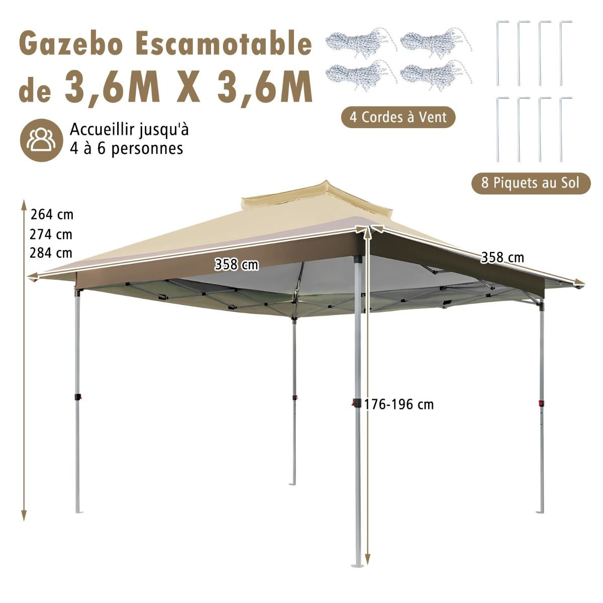 Tonnelle De Jardin Instantanée Double Toit 360X360CM Tente Réception Avec Dessus Ventilé Sac De Transport À Roulettes Tonnelle À Ouverture Café