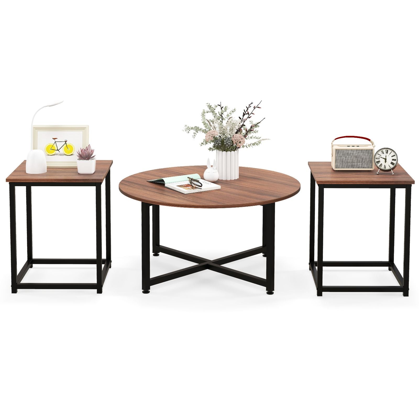 Ensemble De Tables Basses 3 Pièces Table Ronde Et 2 Tables D'Appoint Carrées Avec Cadre En Métal Robuste Noyer/Blanc/Gris