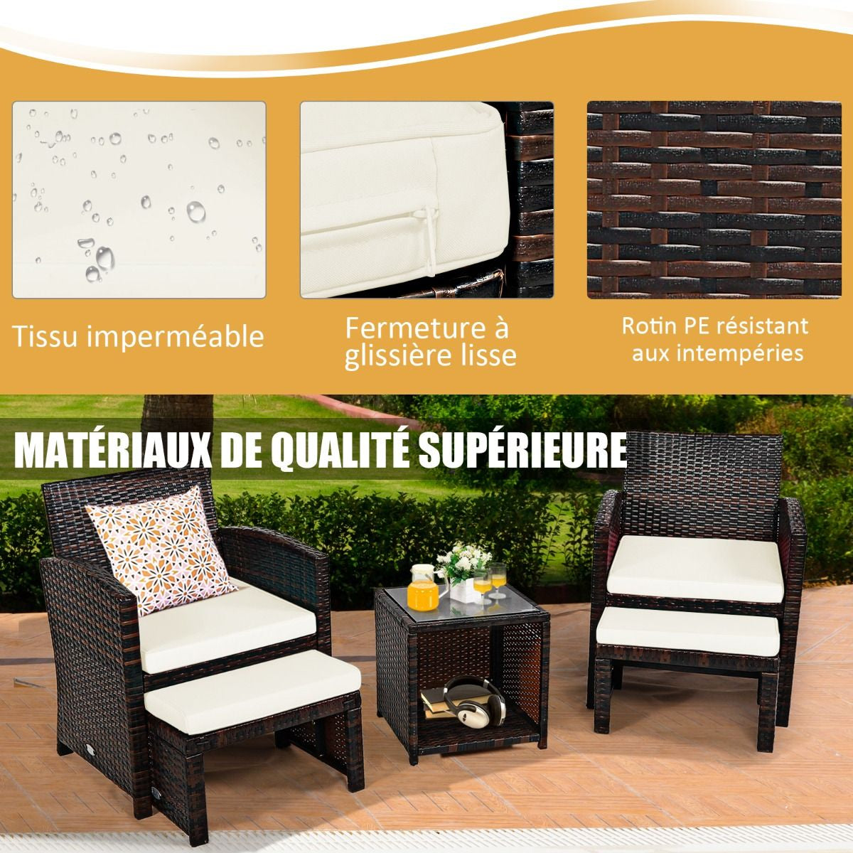 Ensemble Meuble De Salon 5PCS Salon De Jardin En Rotin PE Avec Coussin Pour Balcon Piscine Terrasse Gris/Blanc