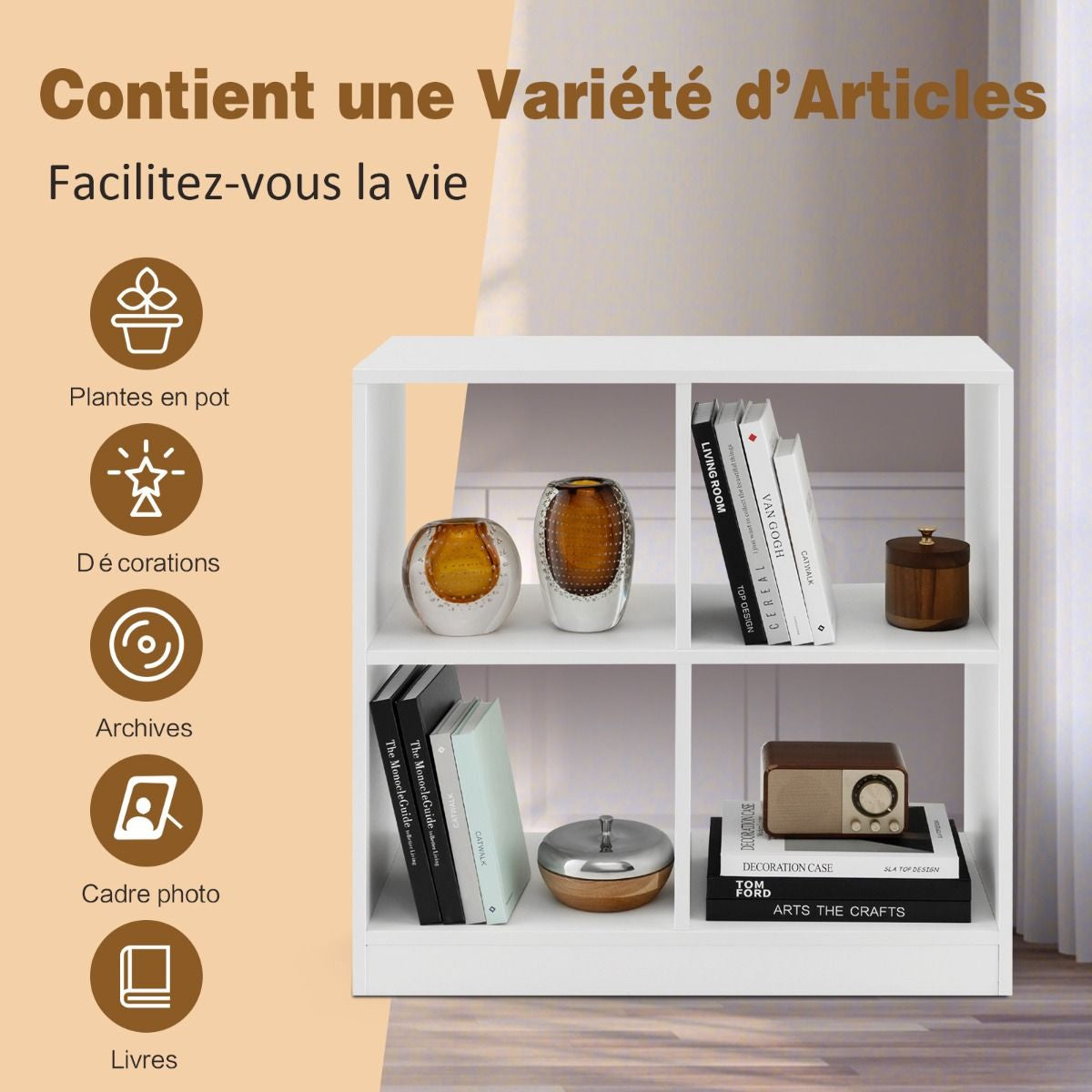Bibliothèque Étagère Rangement À 3 Niveaux Avec 4 Compartiments Ouverts Meuble Cube De Rangement En Bois 73 X 33 X 73Cm Noir/Blanc/Naturel