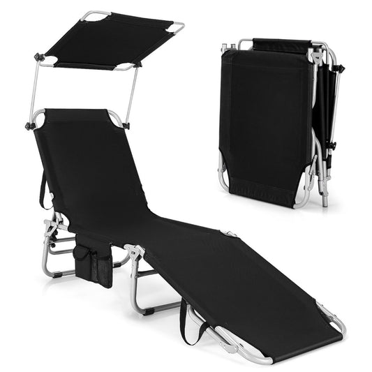 Chaise Longue Pliante Inclinable Avec Auvent Rotatif À 360° Charge 150KG Bain De Soleil Réglable À 5 Positions Métal Antirouille Noir/Bleu/Beige