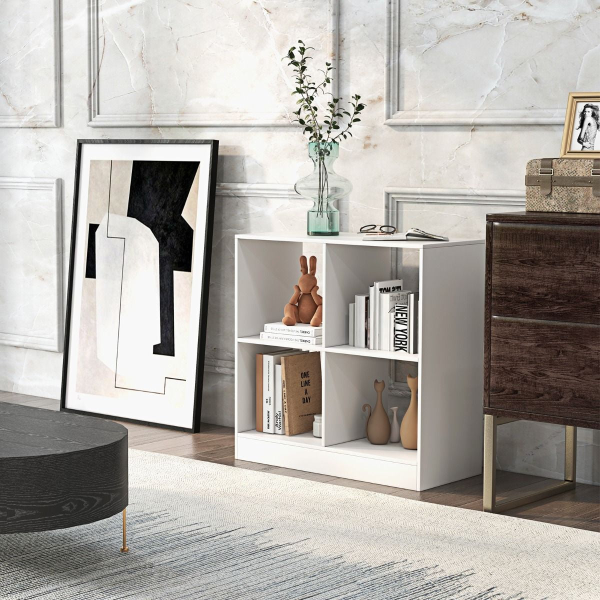 Bibliothèque Étagère Rangement À 3 Niveaux Avec 4 Compartiments Ouverts Meuble Cube De Rangement En Bois 73 X 33 X 73Cm Noir/Blanc/Naturel