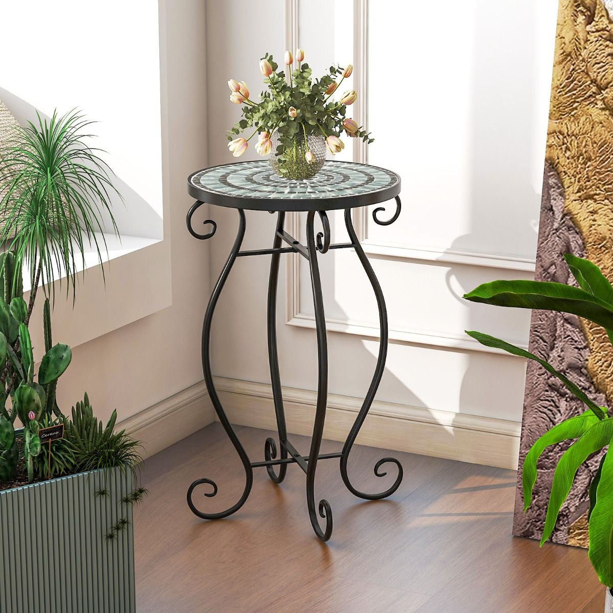 Table D'Appoint Ronde De Jardin Avec Plateau Mosaïque En Carreaux De Céramique Table Basse D'Extérieur Pour Balcon Piscine Noir