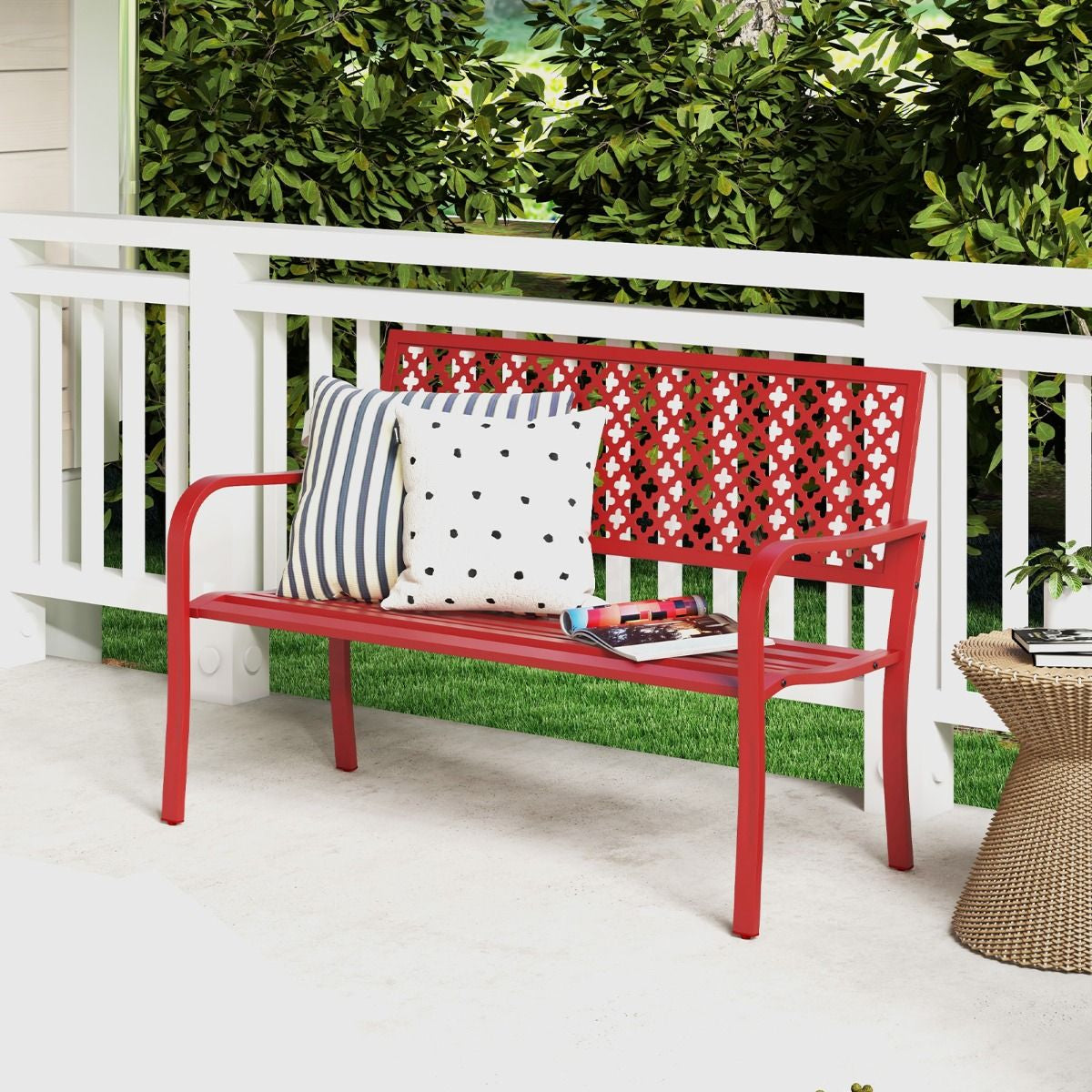 Banc De Jardin Chaise De Patio En Métal Pour 2 Personnes Avec Dossier Ajouré & Siège À Lattes Banc Moderne De 127 Cm De Long Noir/Rouge