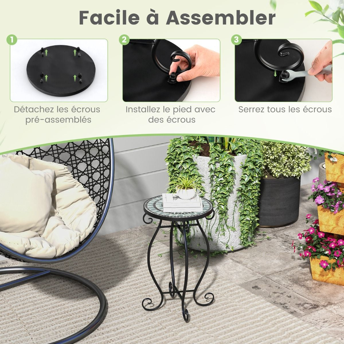 Table D'Appoint Ronde De Jardin Avec Plateau Mosaïque En Carreaux De Céramique Table Basse D'Extérieur Pour Balcon Piscine Noir