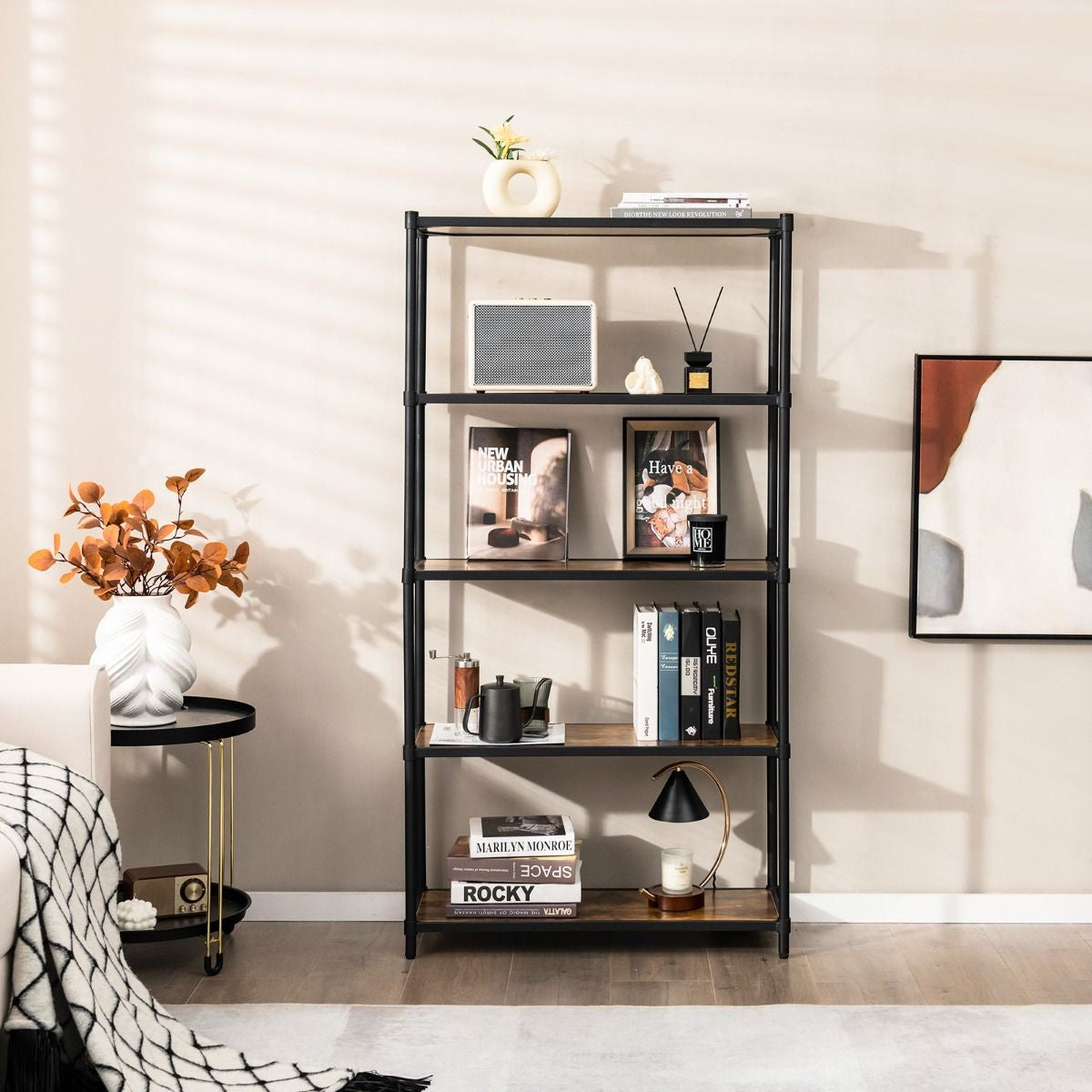 Bibliothèque Style Industriel À 5 Niveaux 80X29X154Cm Étagère De Rangement Avec Dispositifs Anti-Basculement Pieds Réglables Noir