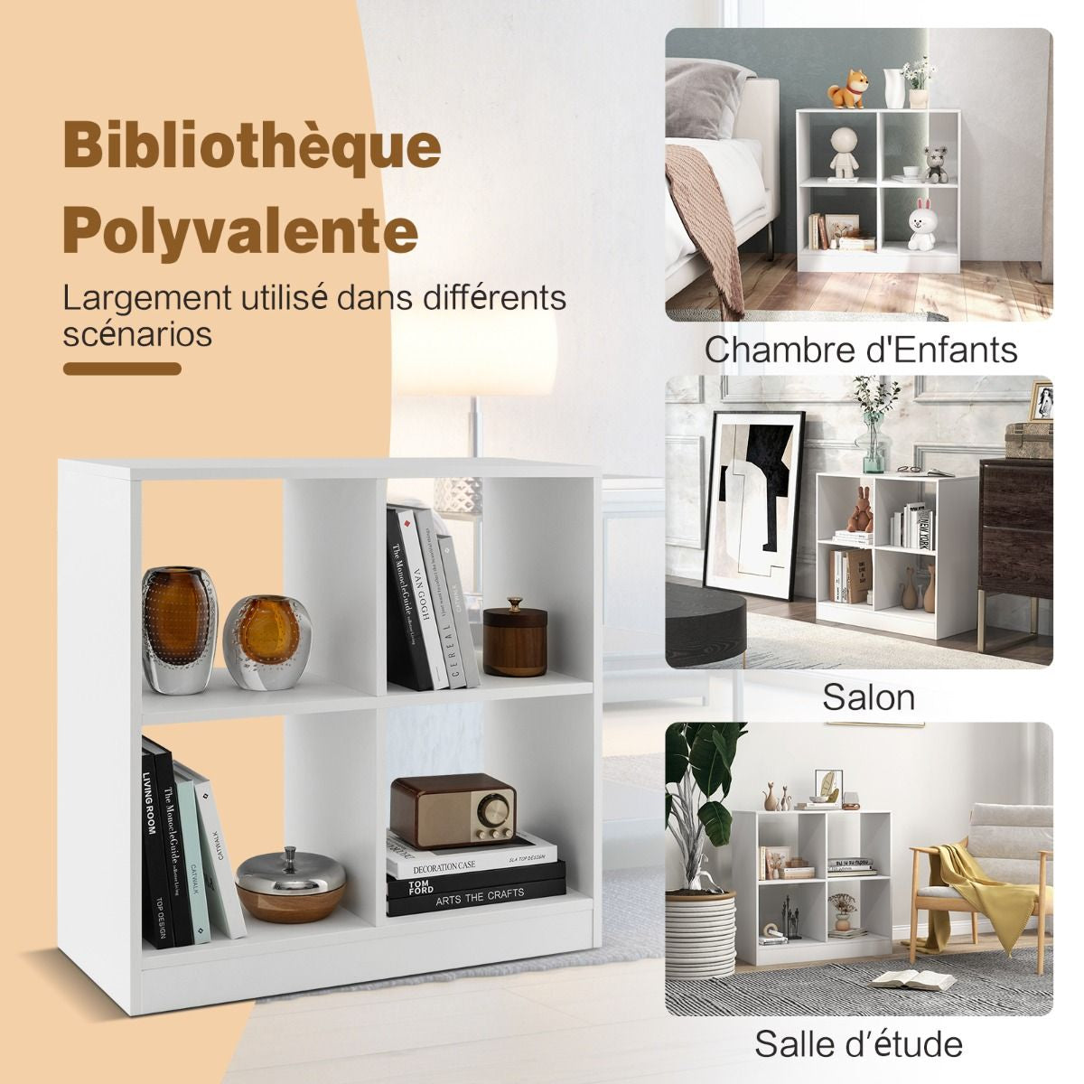Bibliothèque Étagère Rangement À 3 Niveaux Avec 4 Compartiments Ouverts Meuble Cube De Rangement En Bois 73 X 33 X 73Cm Noir/Blanc/Naturel