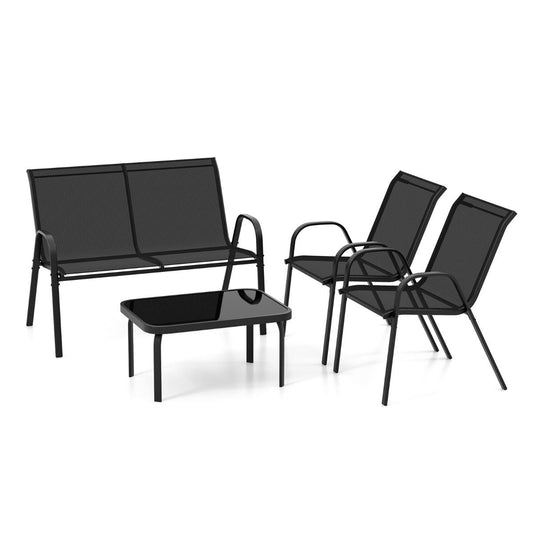 Ensemble Salon De Jardin 4 Pièces 2 Fauteuils 1 Canapé 1 Table Basse En Verre Pour Terrasse Piscine Patio Balcon Gris