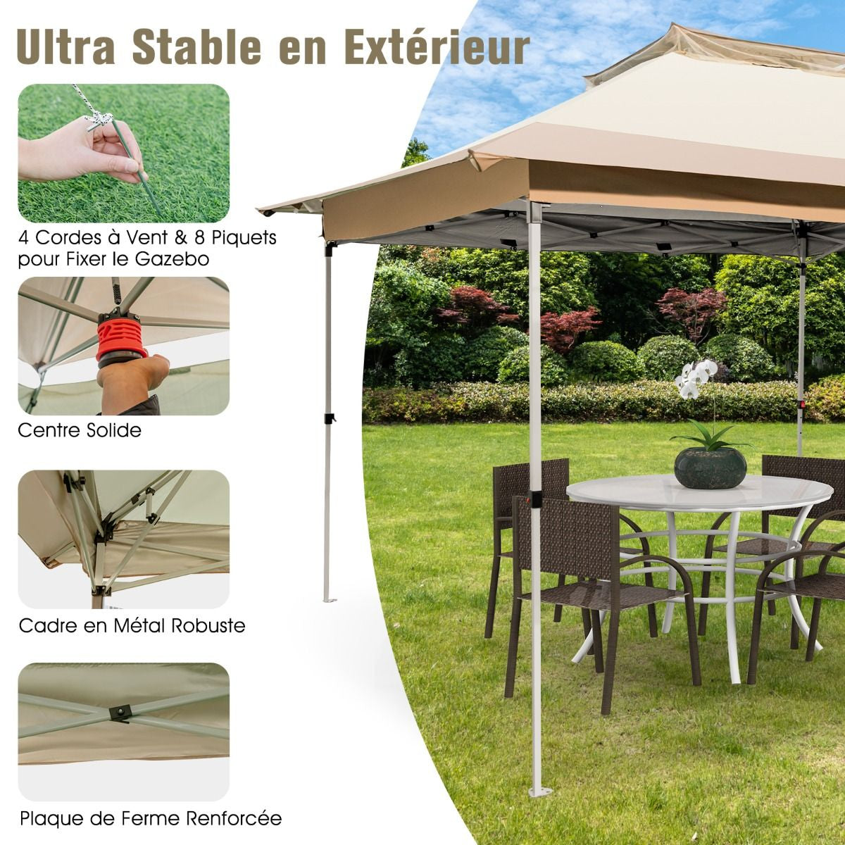 Tonnelle De Jardin Instantanée Double Toit 360X360CM Tente Réception Avec Dessus Ventilé Sac De Transport À Roulettes Tonnelle À Ouverture Café