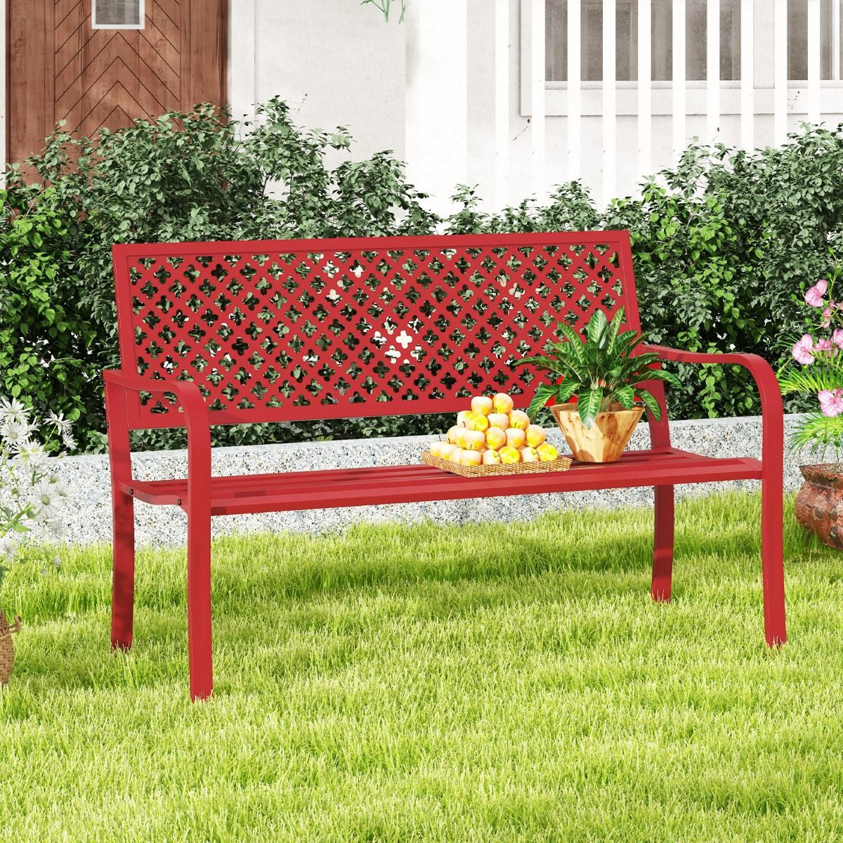 Banc De Jardin Chaise De Patio En Métal Pour 2 Personnes Avec Dossier Ajouré & Siège À Lattes Banc Moderne De 127 Cm De Long Noir/Rouge