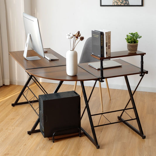 Bureau D'Angle En Forme L Détachable Avec Support Pour Moniteur 147X112X79Cm Noyer