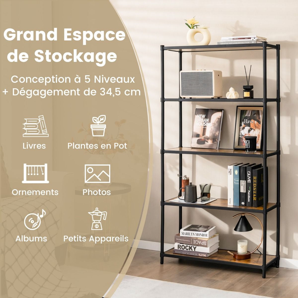 Bibliothèque Style Industriel À 5 Niveaux 80X29X154Cm Étagère De Rangement Avec Dispositifs Anti-Basculement Pieds Réglables Noir