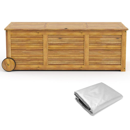 Coffre De Rangement 182L En Bois D’Acacia Charnière En Métal Banc De Rangement À Roulettes Extérieur Pour Jardin Patio
