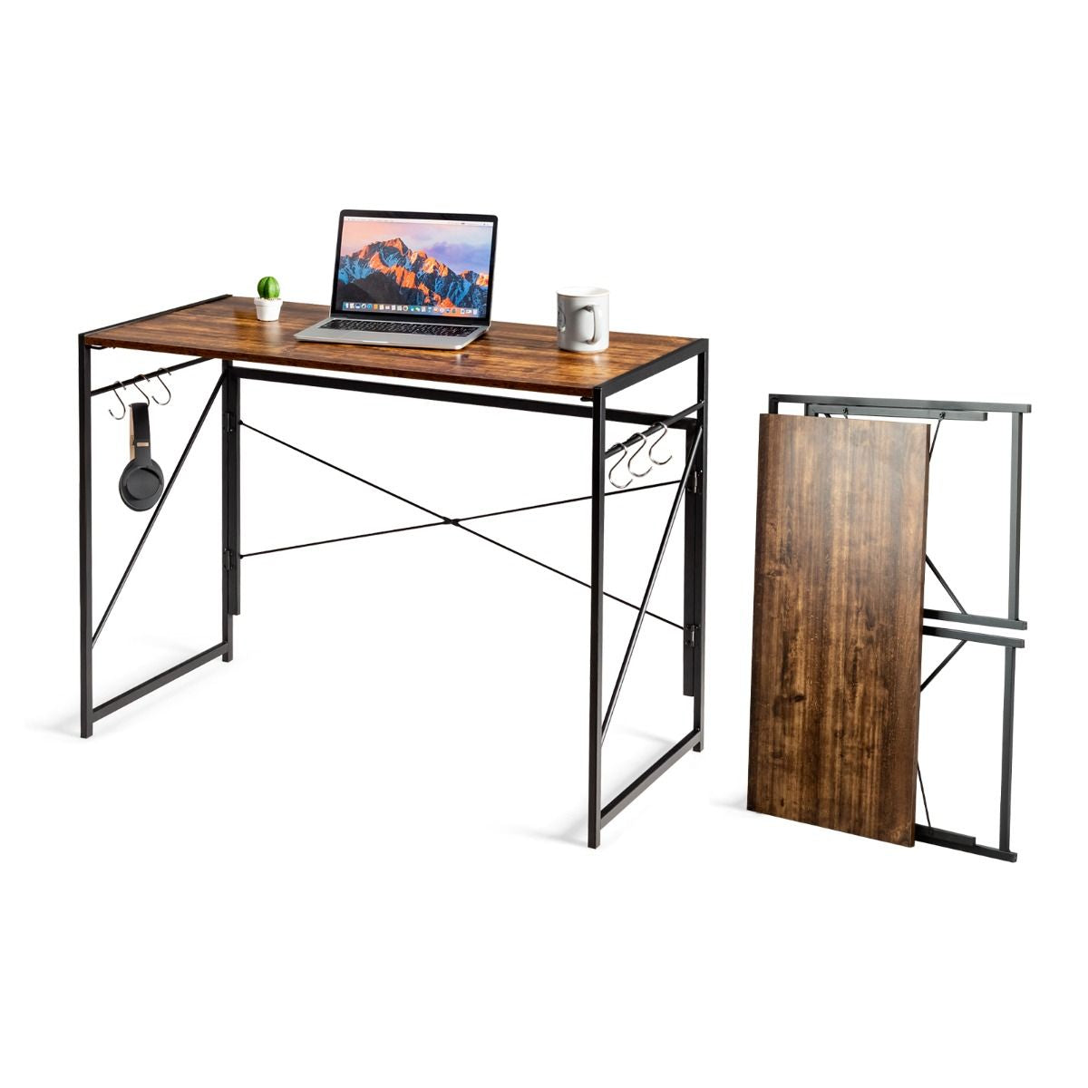 Bureau D'Ordinateur Pliant 100X50X75 Cm Table De Bureau Cadre En Métal 6 Crochets En Forme De S Style Industriel Capacité 115Kg Café