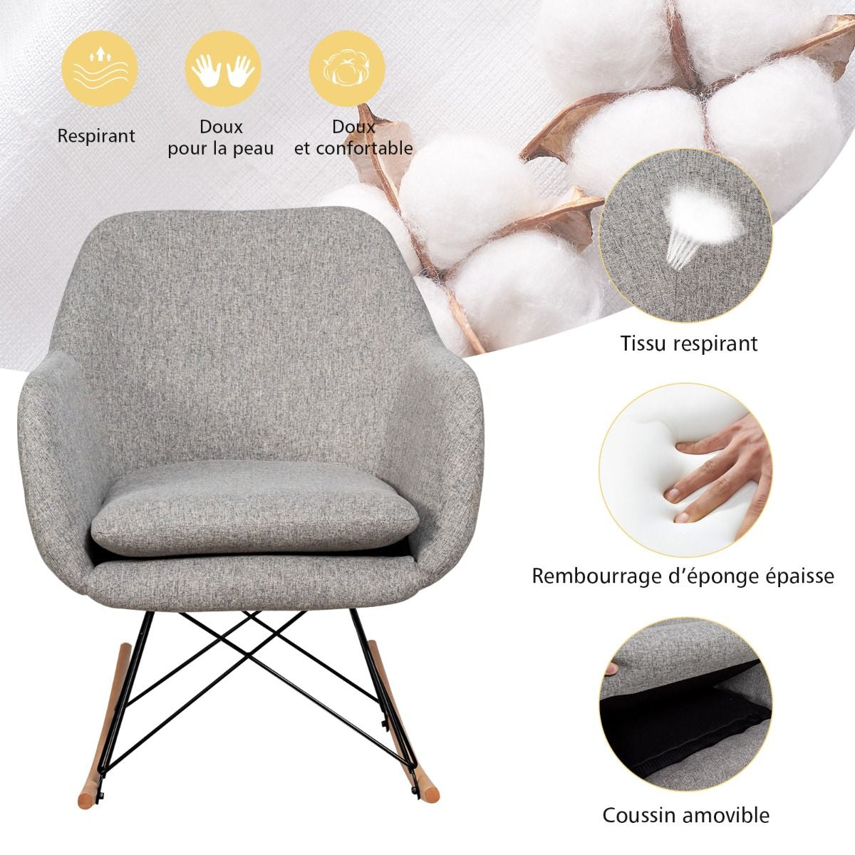 Chaise À Bascule D'Appoint Chaise D'Appoint À Bascule Dossier Ergonomique Haut Accoudoirs En Bois De Hêtre Massif Coussin De Siège Rembourré Gris