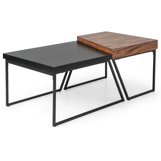 Lot De 2 Tables Basses Gigognes Avec Cadre Métal, Tables D'Appoint Style Industriel Avec 8 Pieds Antidérapants Réglables Noir+Marron
