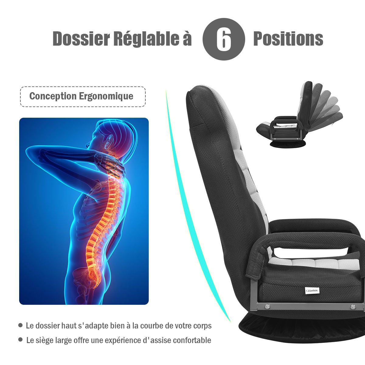 Fauteuil Pliable De Sol Dossier Réglable Sur 6 Positions Et Base Pivotante À 360° Cadre En Fer Robuste 6 Couleurs Au Choix