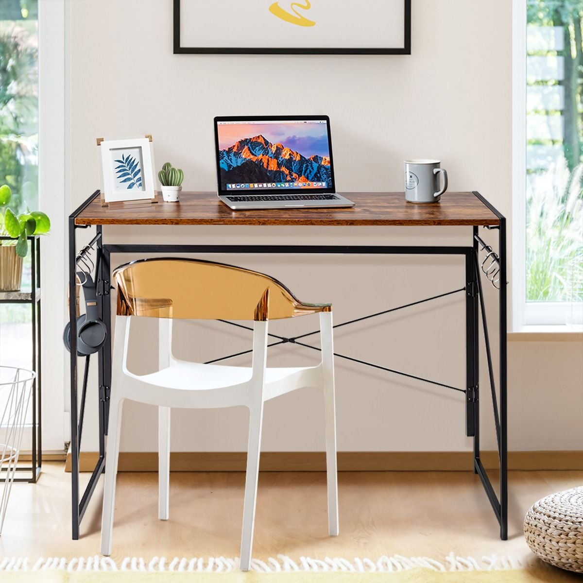 Bureau D'Ordinateur Pliant 100X50X75 Cm Table De Bureau Cadre En Métal 6 Crochets En Forme De S Style Industriel Capacité 115Kg Café