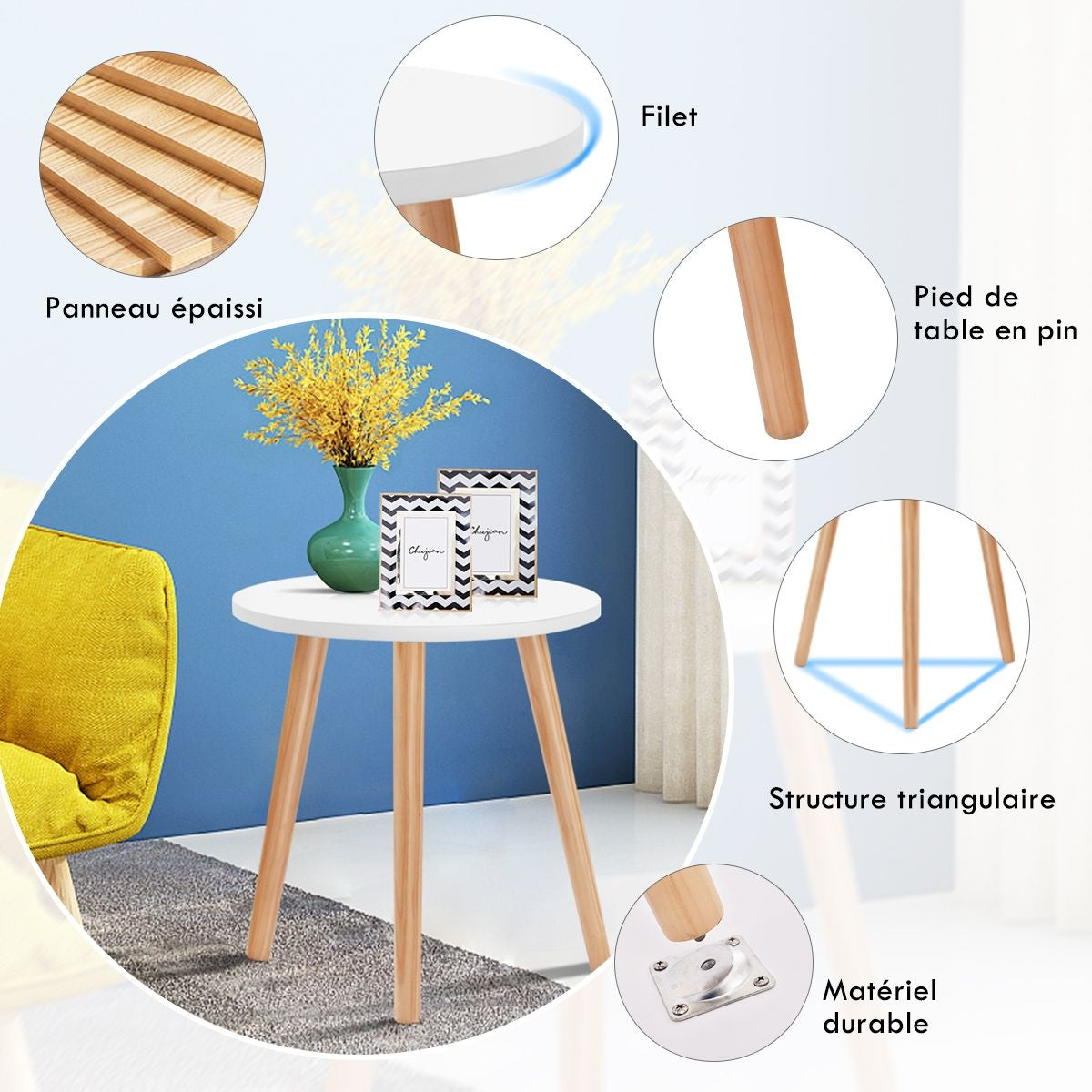 Table Basse Ronde Style Scandinave Moderne En MDF Et Bois De Pin Dim. Ø40 X 48H Blanc