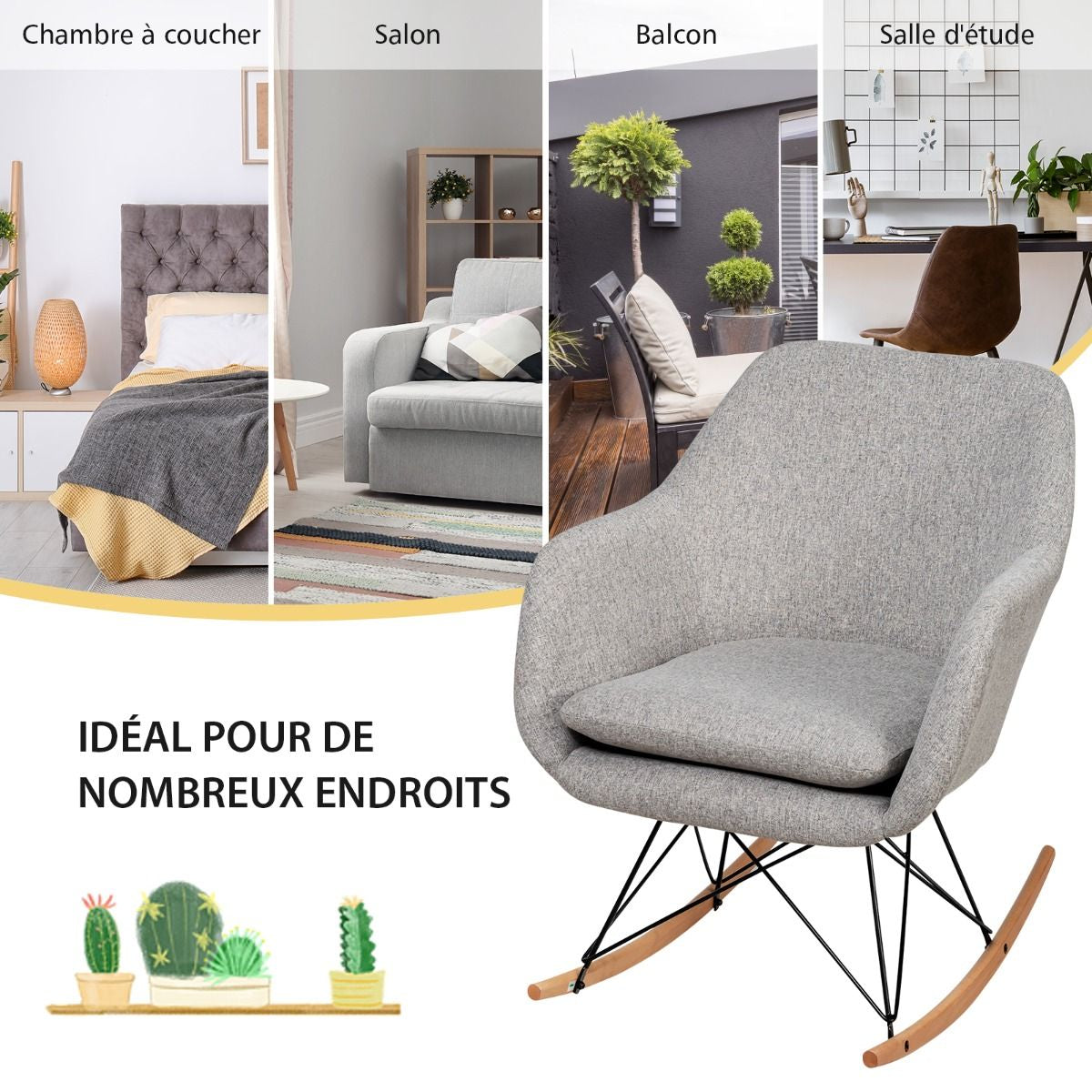 Chaise À Bascule D'Appoint Chaise D'Appoint À Bascule Dossier Ergonomique Haut Accoudoirs En Bois De Hêtre Massif Coussin De Siège Rembourré Gris
