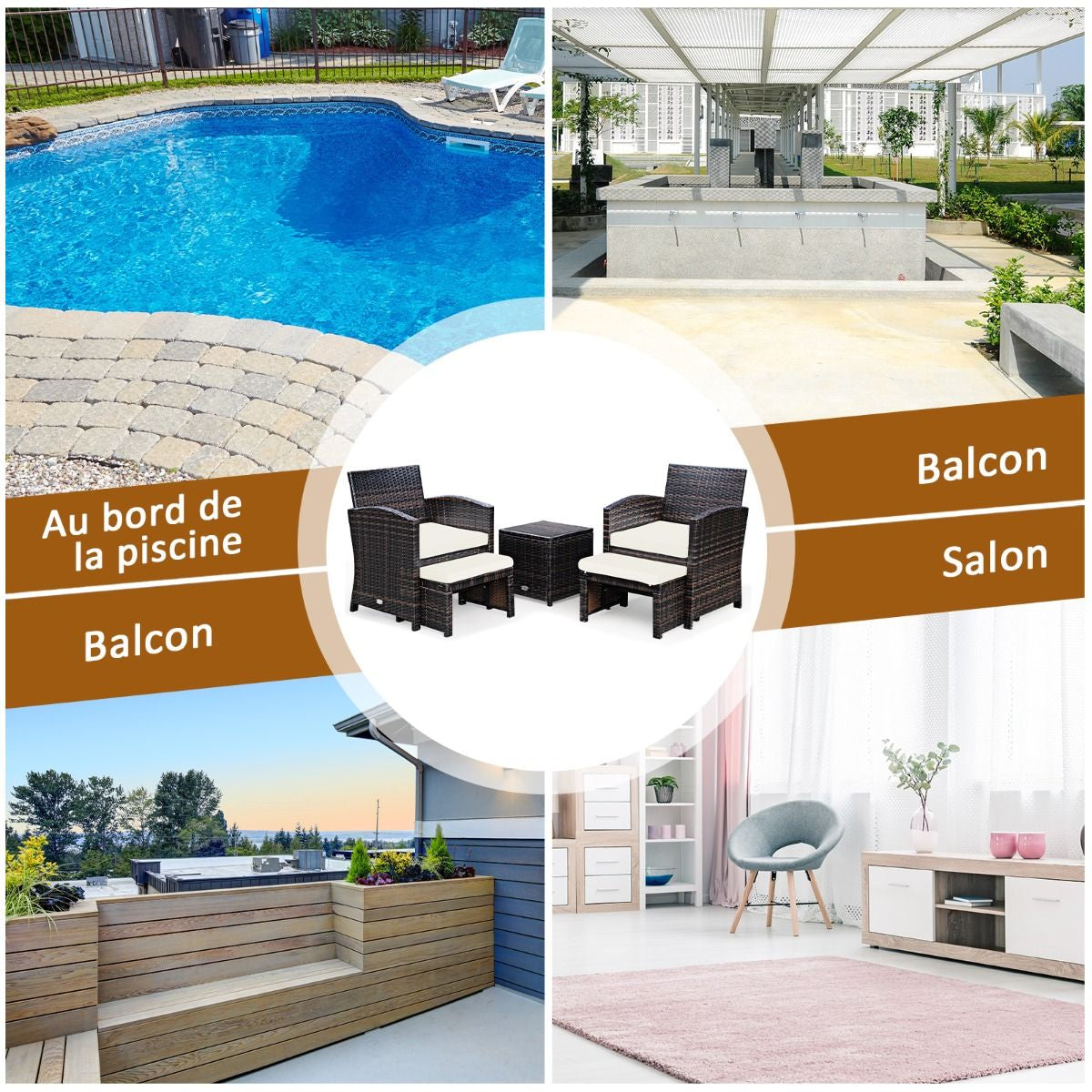Ensemble Meuble De Salon 5PCS Salon De Jardin En Rotin PE Avec Coussin Pour Balcon Piscine Terrasse Gris/Blanc